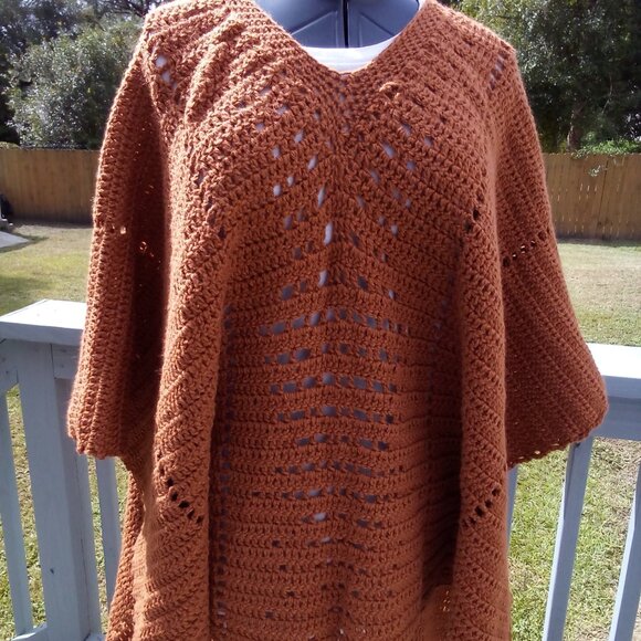 Hand Crafted Hi-Low Crochet Poncho, Color Orange, Size one size fitted most. - Picture 2 of 7
